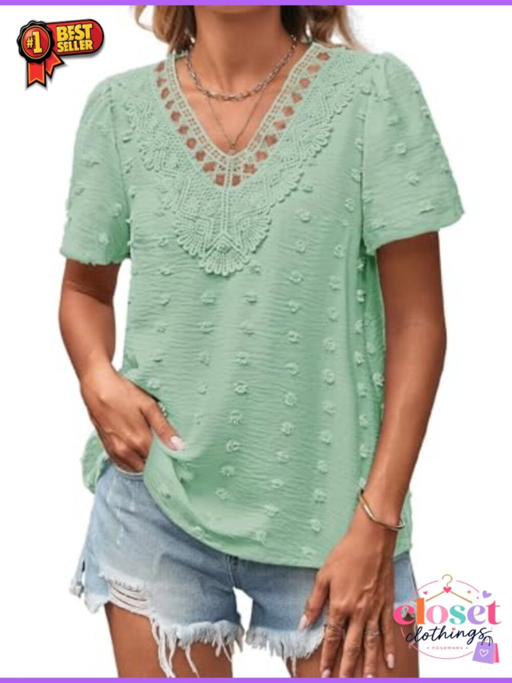 Boho Swiss Dot Lace V Neck Short Sleeve Tunic Top